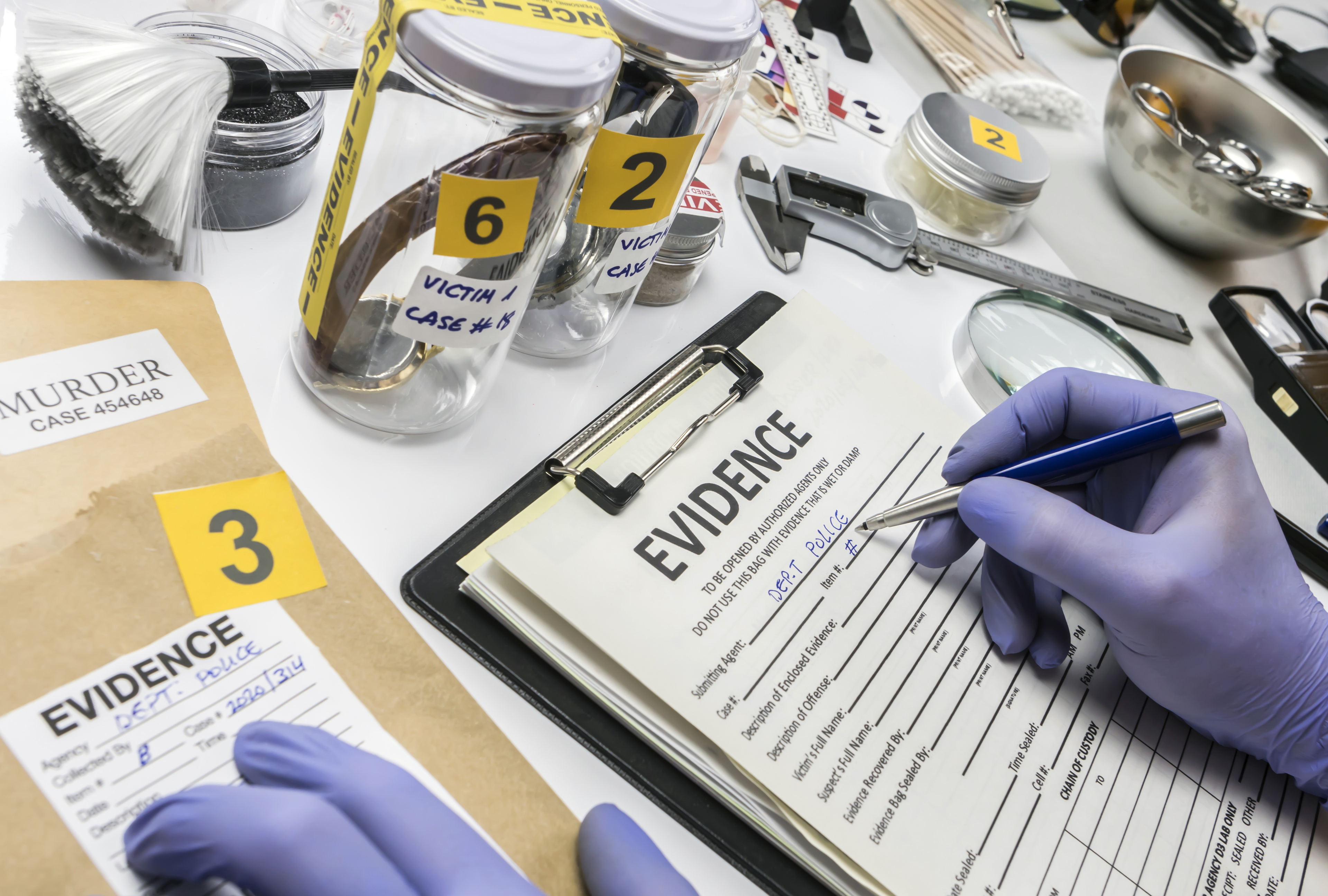 Specialized criminalistic police work in laboratory collecting data and evidence of a murder, conceptual image