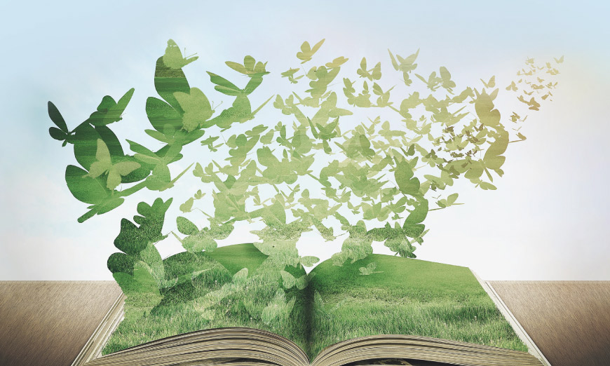 Árboles que salen de un libro y vuelan mariposas