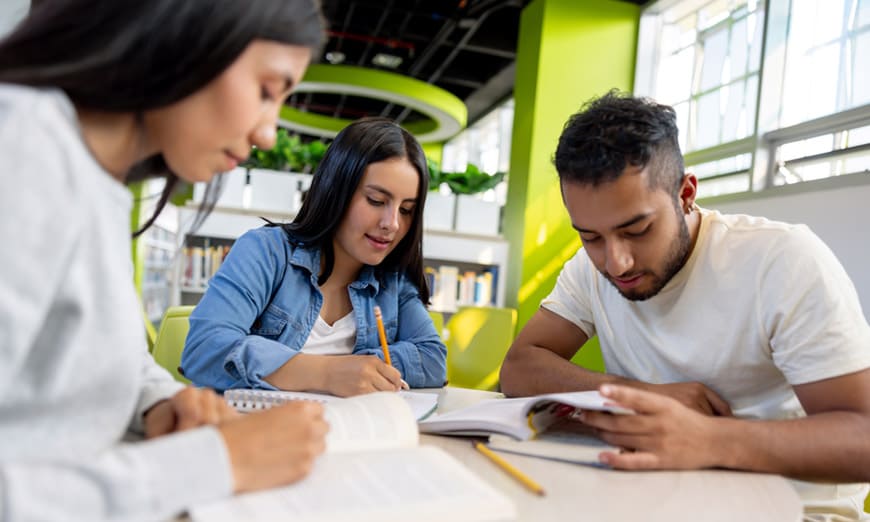 Estudiantes sentados estudiando con cuadernos